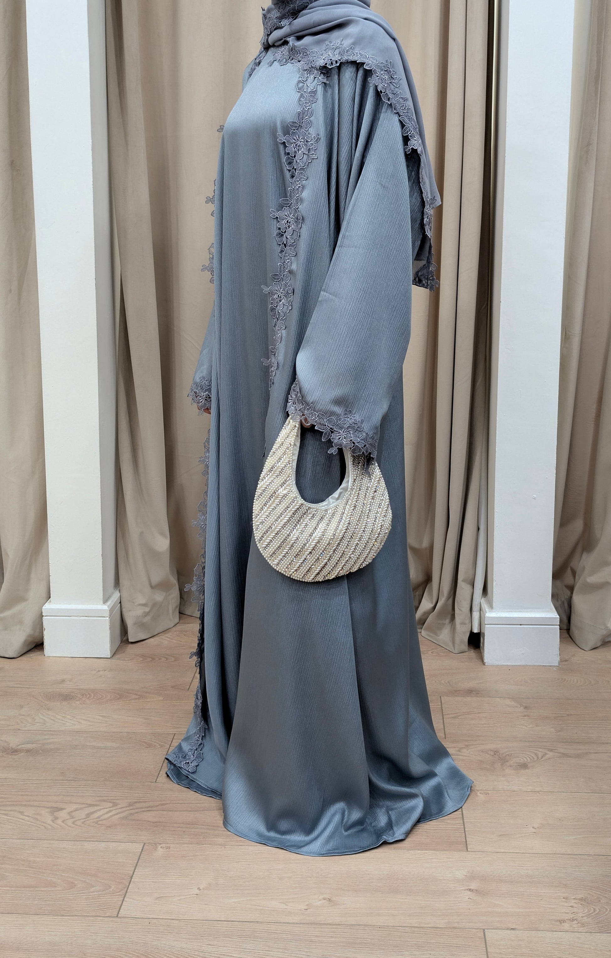 Womens Abaya Khadeejah Ice Blue Satin Lace Abayas | side view
