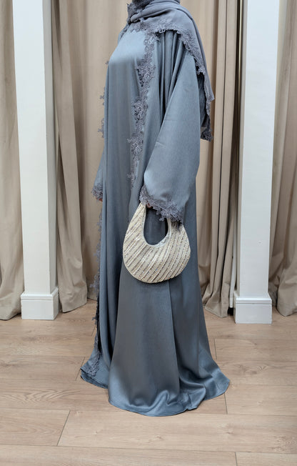 Womens Abaya Khadeejah Ice Blue Satin Lace Abayas | side view