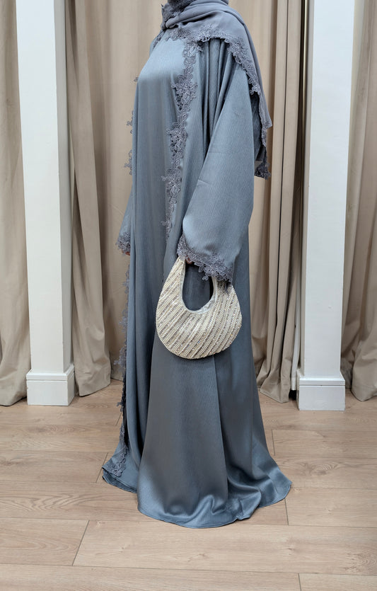 Womens Abaya Khadeejah Ice Blue Satin Lace Abayas | side view