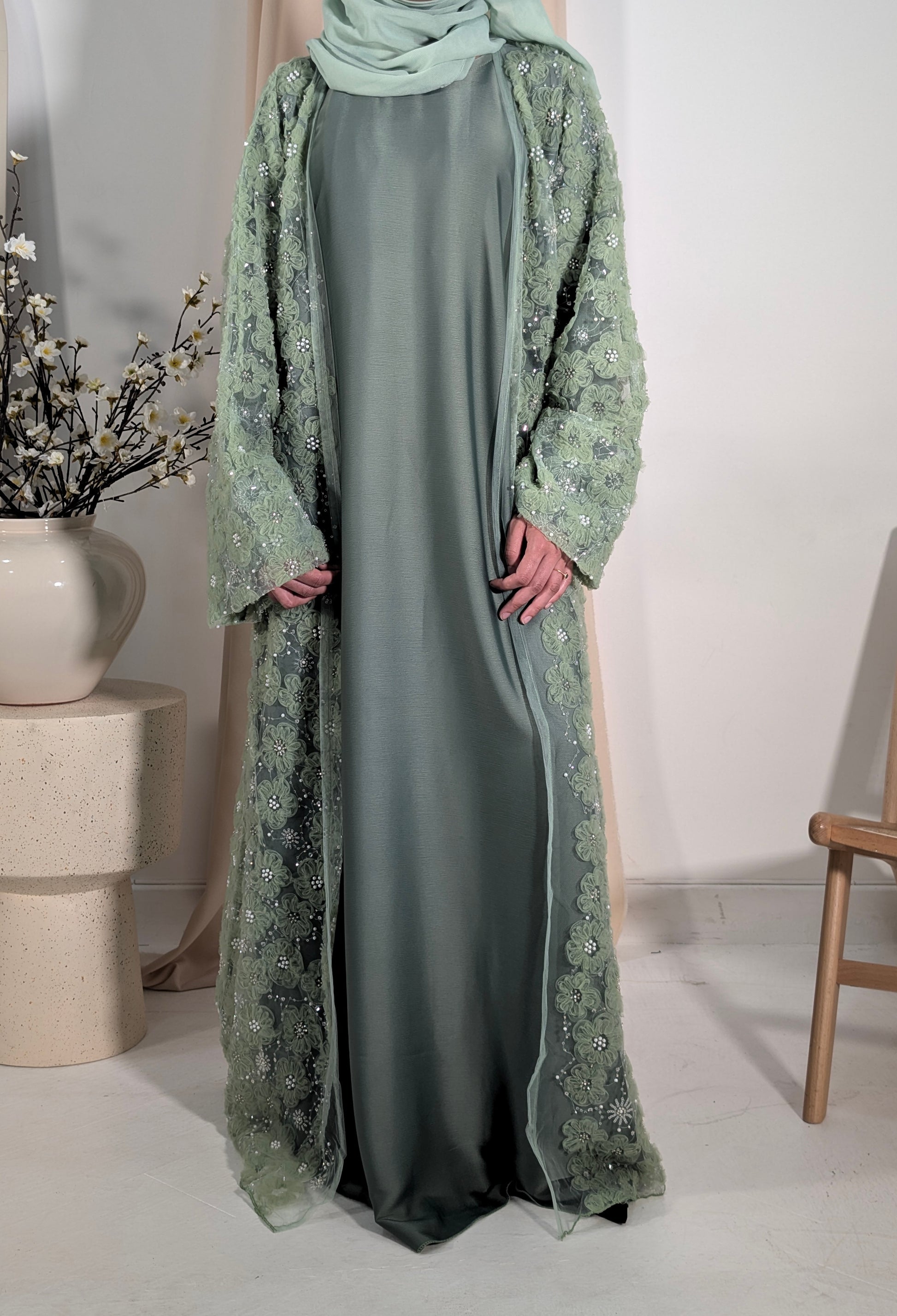 Zeina Sage Green Floral Embellished Abaya | zeina abaya | Close view