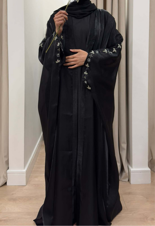amal black organza beaded cape abaya | occasion abayas | front view