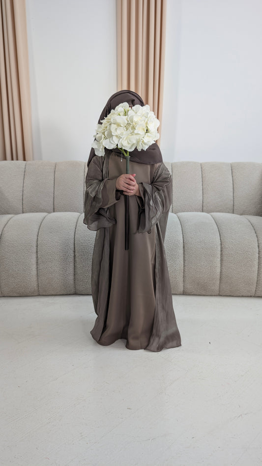 amina junior girls brown flared tiered sleeve organza abaya | front view