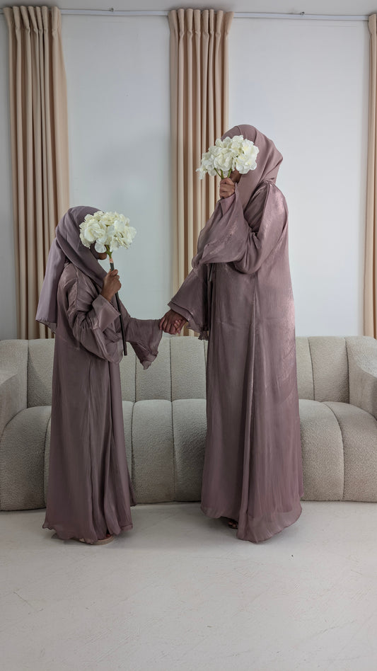 amina junior girls dusty pink flared tiered sleeve organza abaya | front view