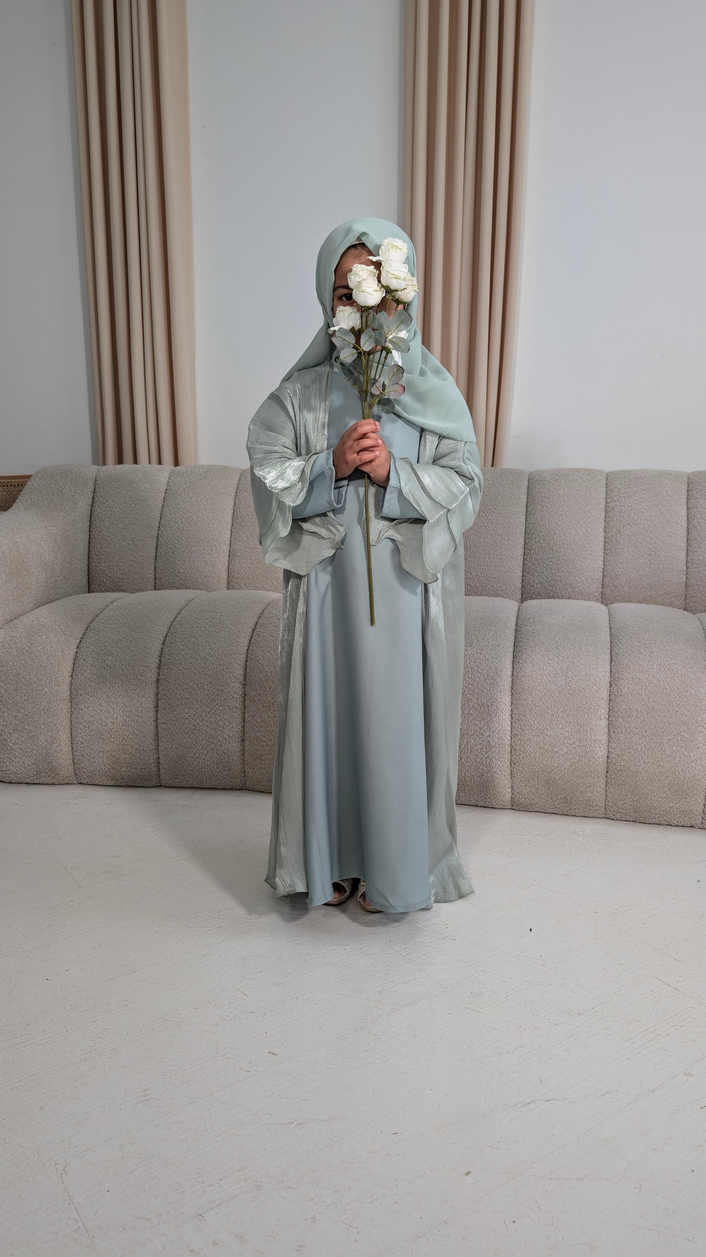 amina junior girls mint flared tiered sleeve organza abayas | front view