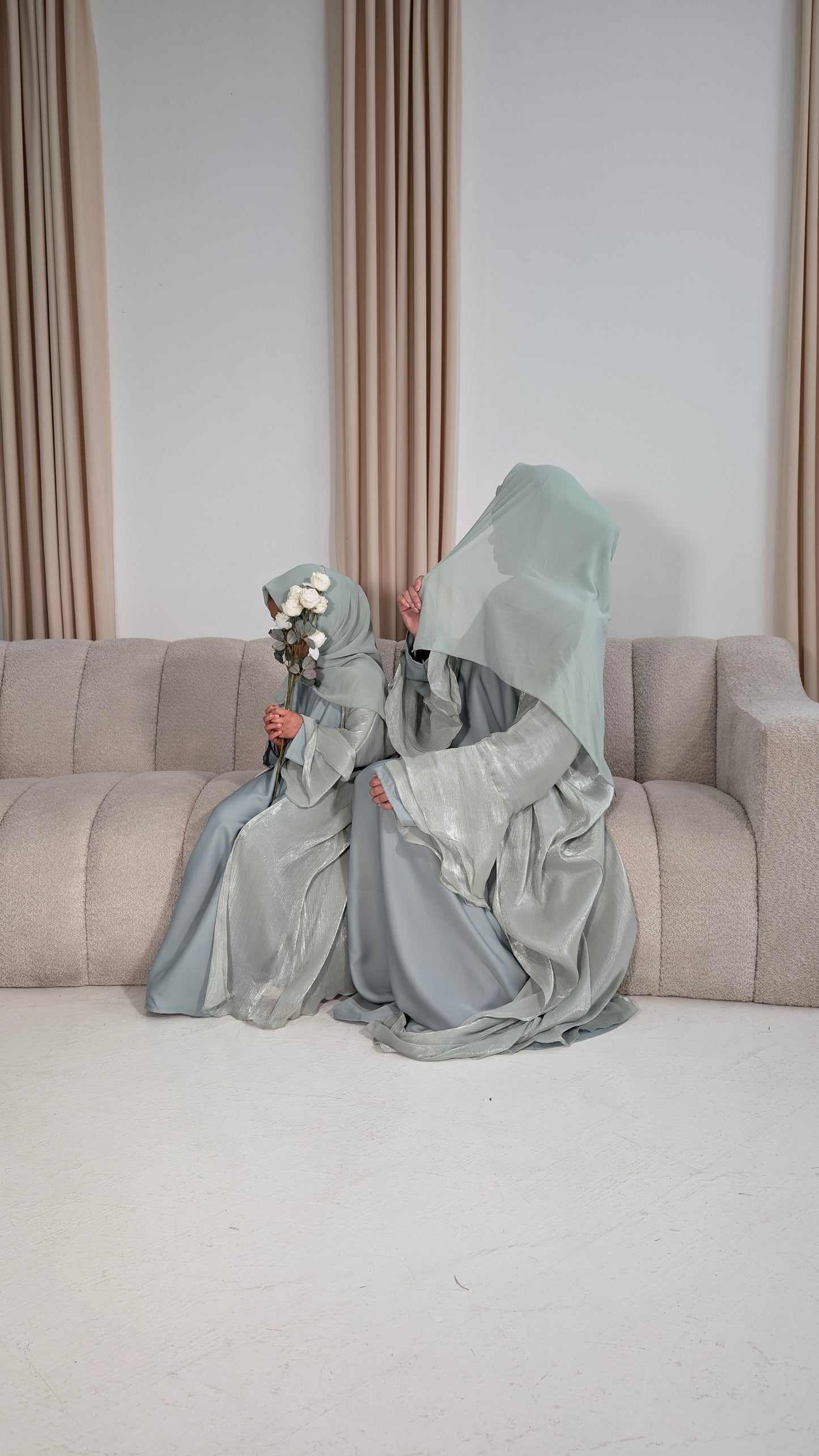 amina junior girls mint flared tiered sleeve organza abayas | full view