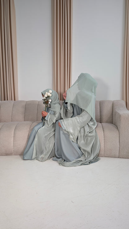 amina junior girls mint flared tiered sleeve organza abayas | full view