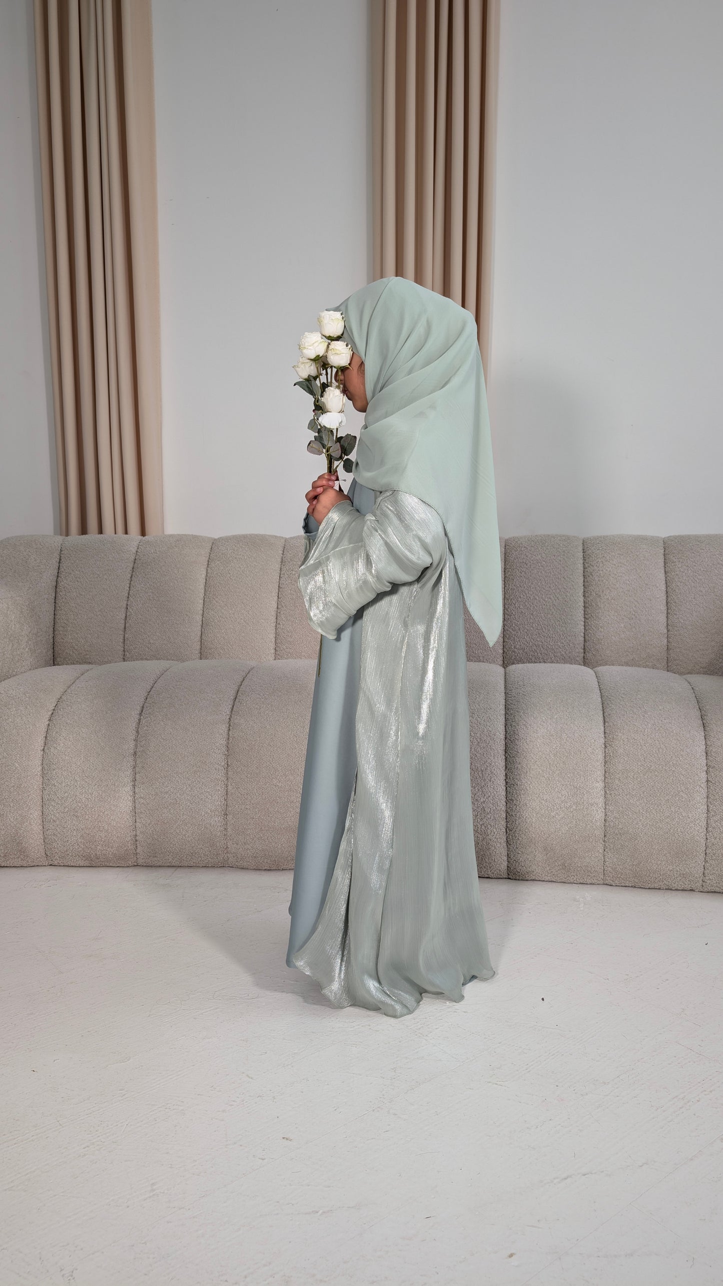 amina junior girls mint flared tiered sleeve organza abayas | left view