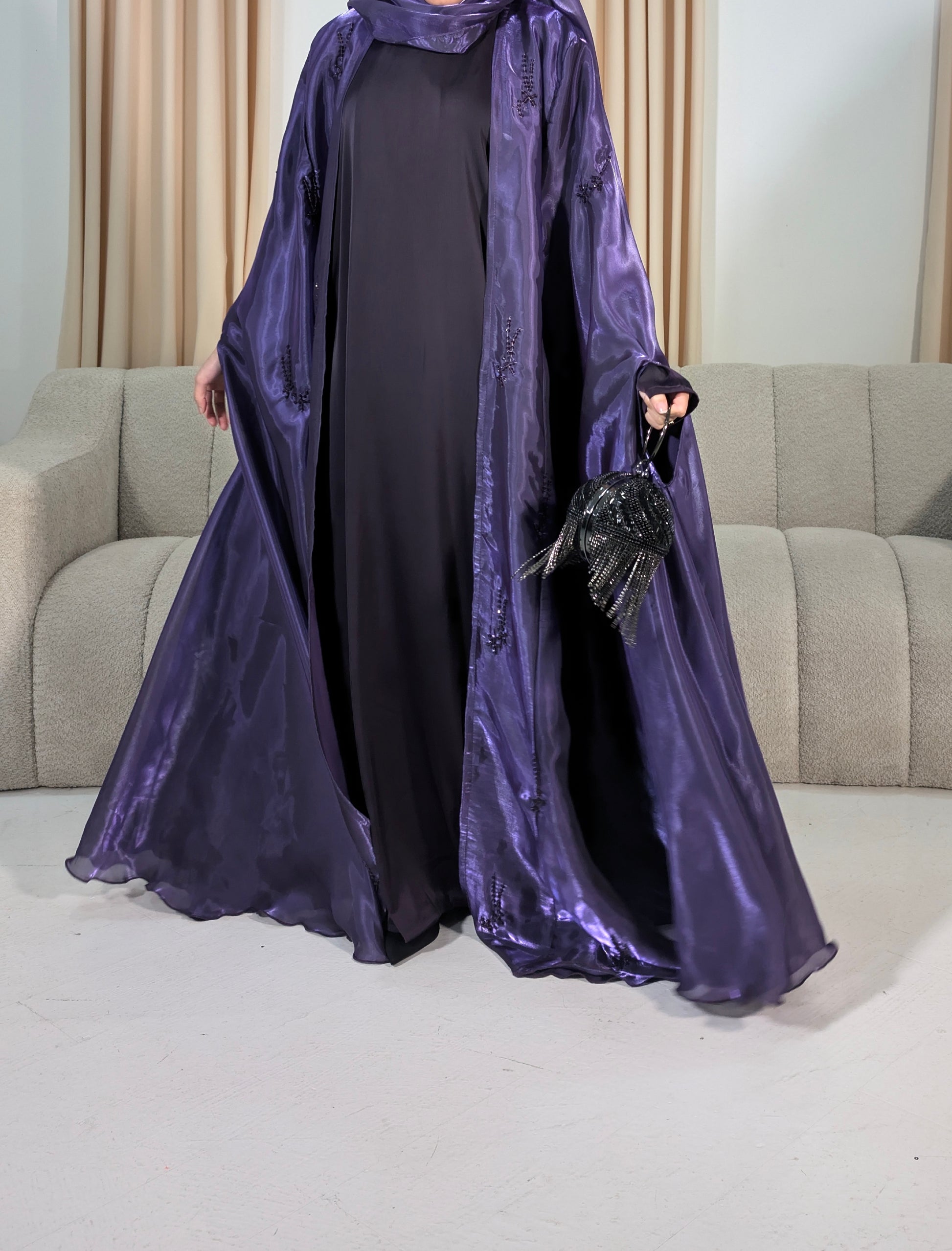 eliya deep amethyst beaded organza cape abaya | full view