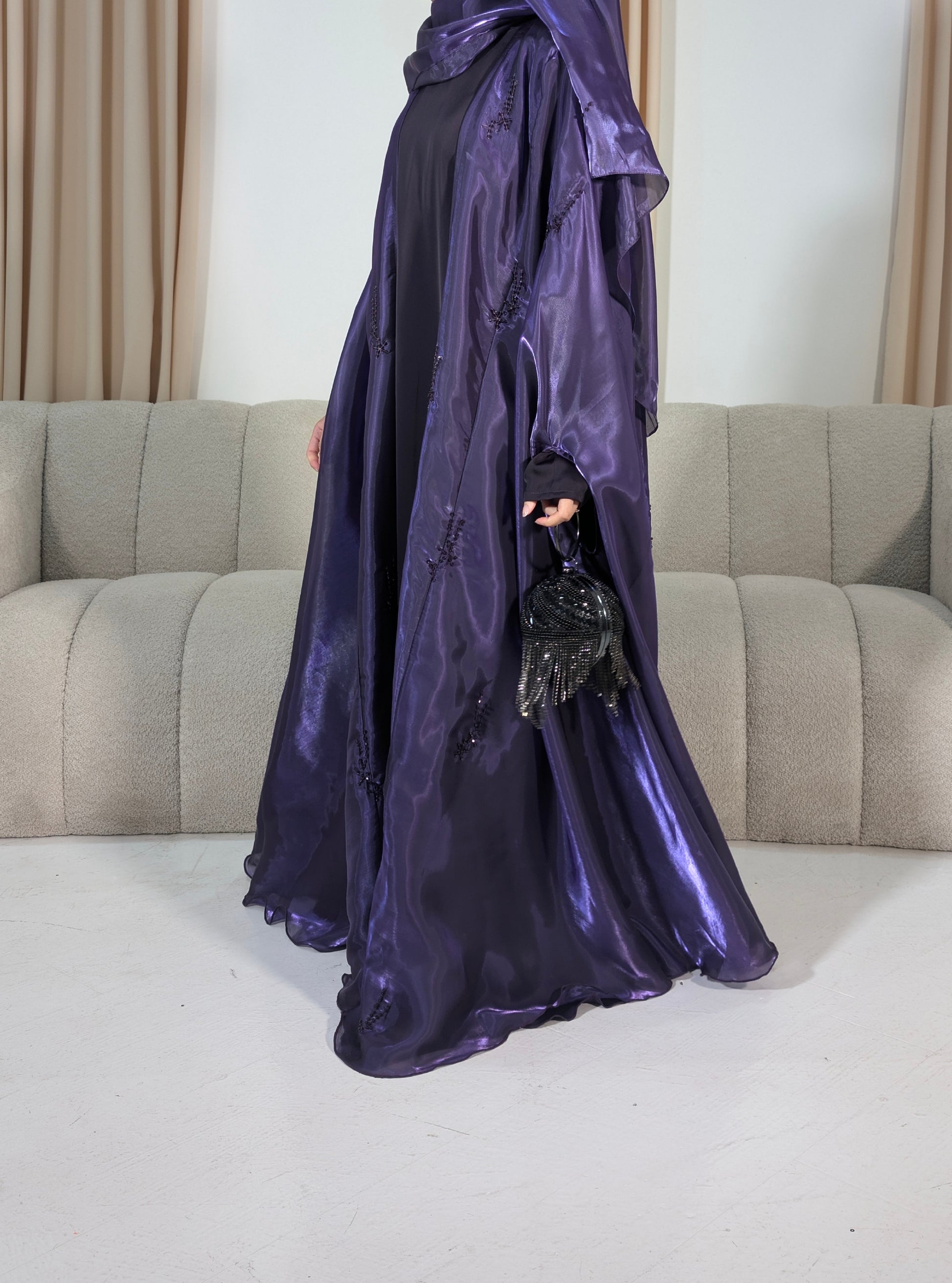 eliya deep amethyst beaded organza cape abaya | left view