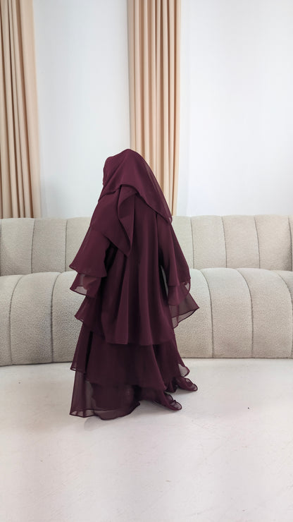 inayah junior girls burgundy chiffon tiered abayaa | back view