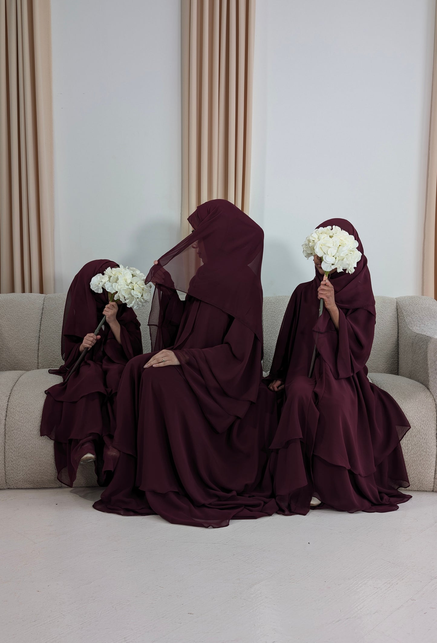 inayah junior girls burgundy chiffon tiered abayaa | front view