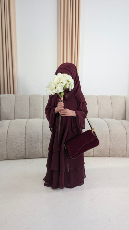 inayah junior girls burgundy chiffon tiered abayaa | full view