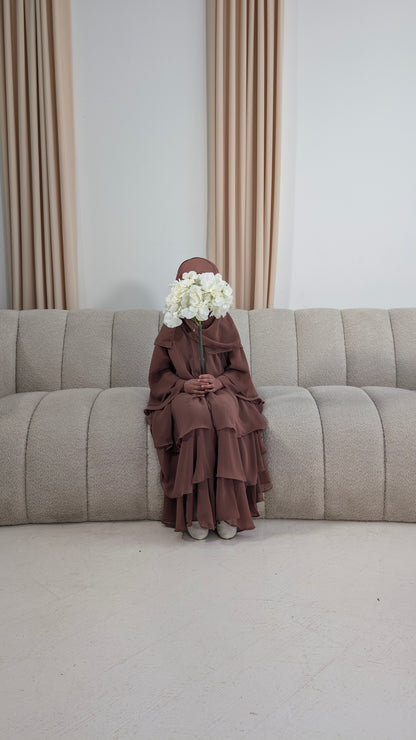 inayah junior girls rosewood chiffon tiered abaya | full view