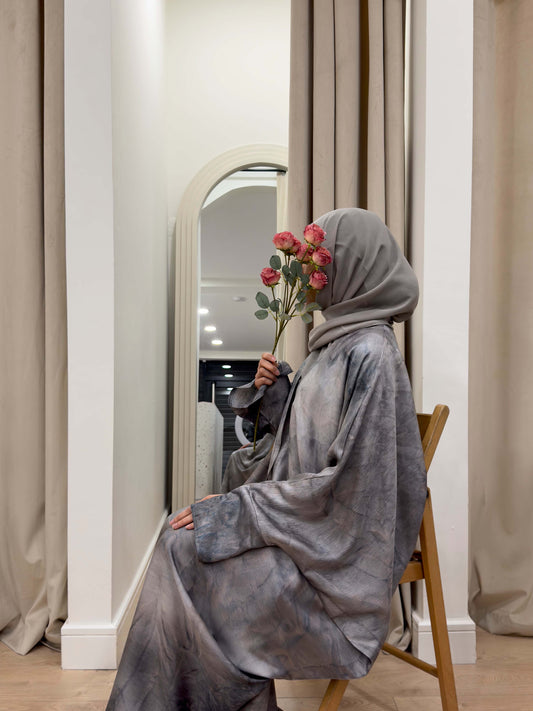laia printed grey butterfly satin abaya | occasion abayas | close view