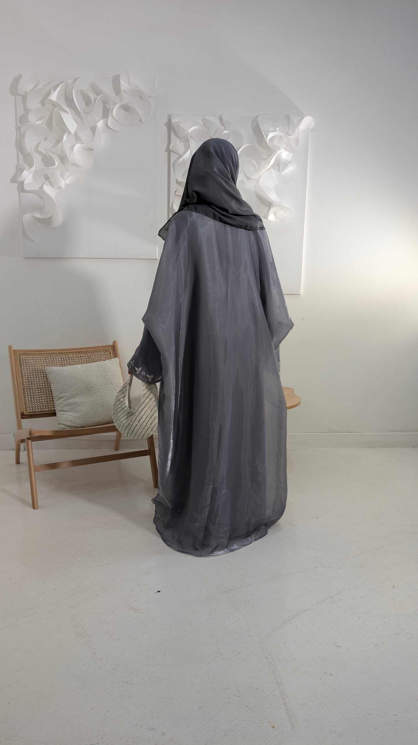 naila dusty blue organza beaded butterfly abaya | back view