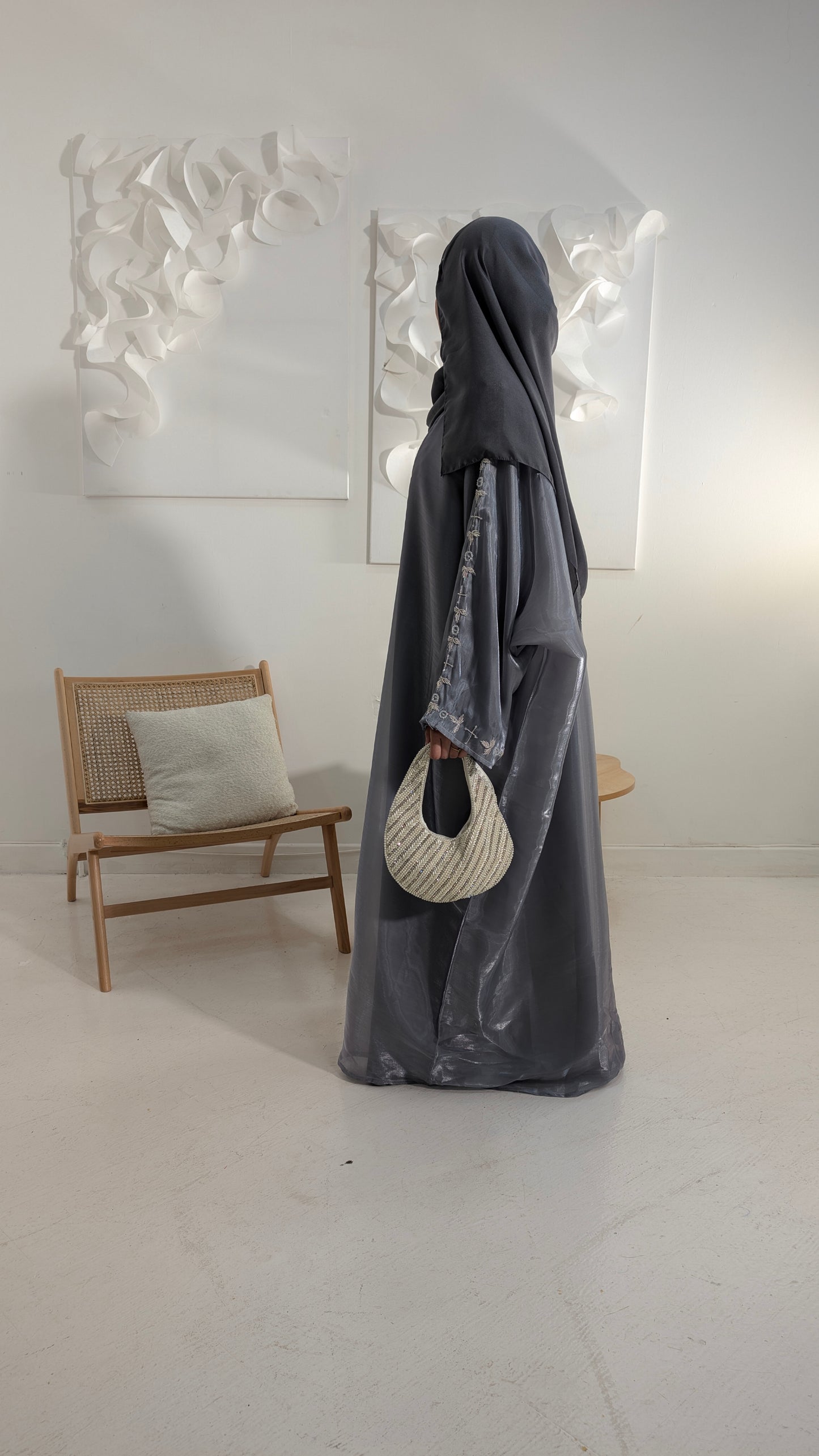 naila dusty blue organza beaded butterfly abaya | left full view