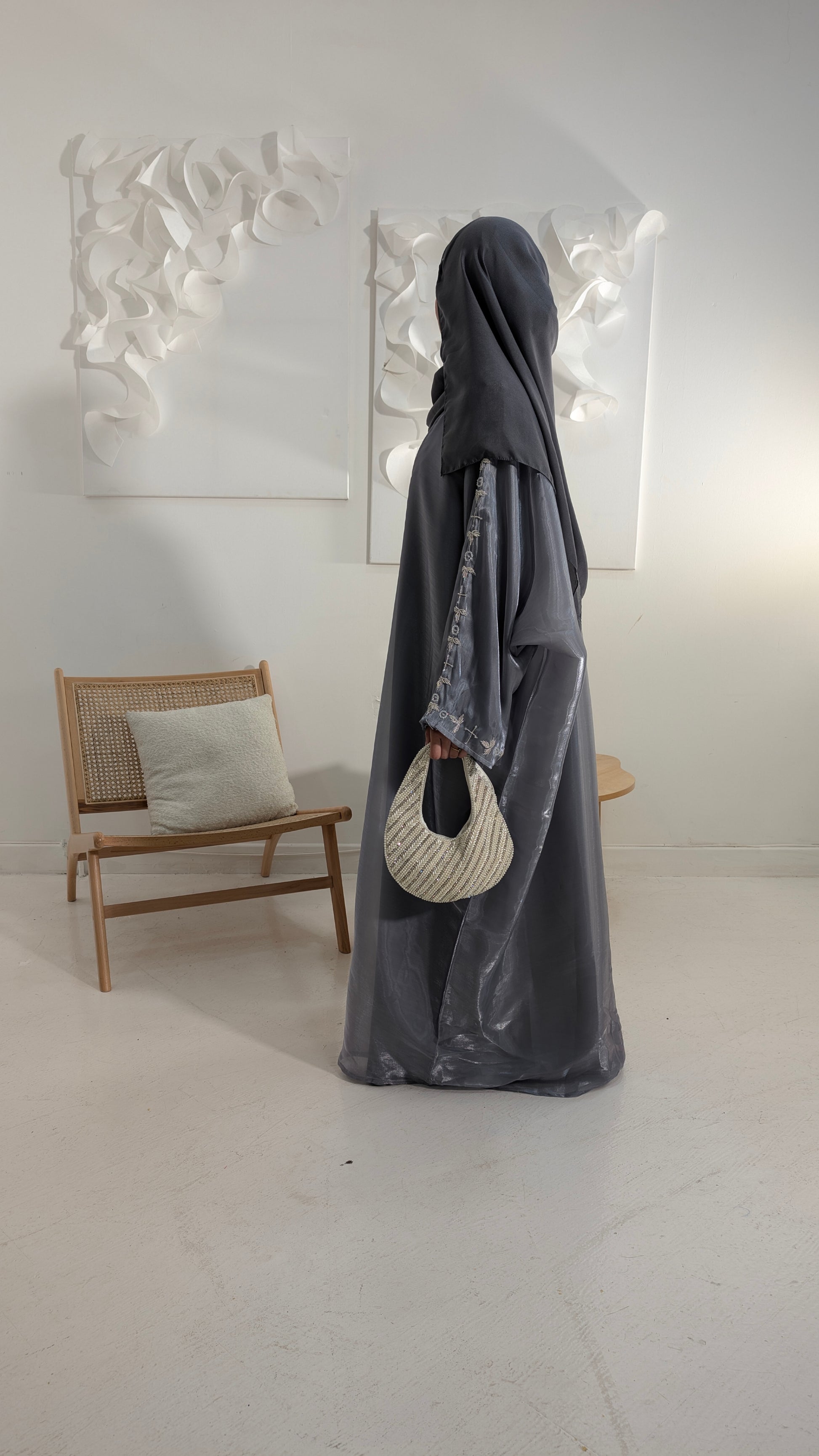 naila dusty blue organza beaded butterfly abaya | left full view