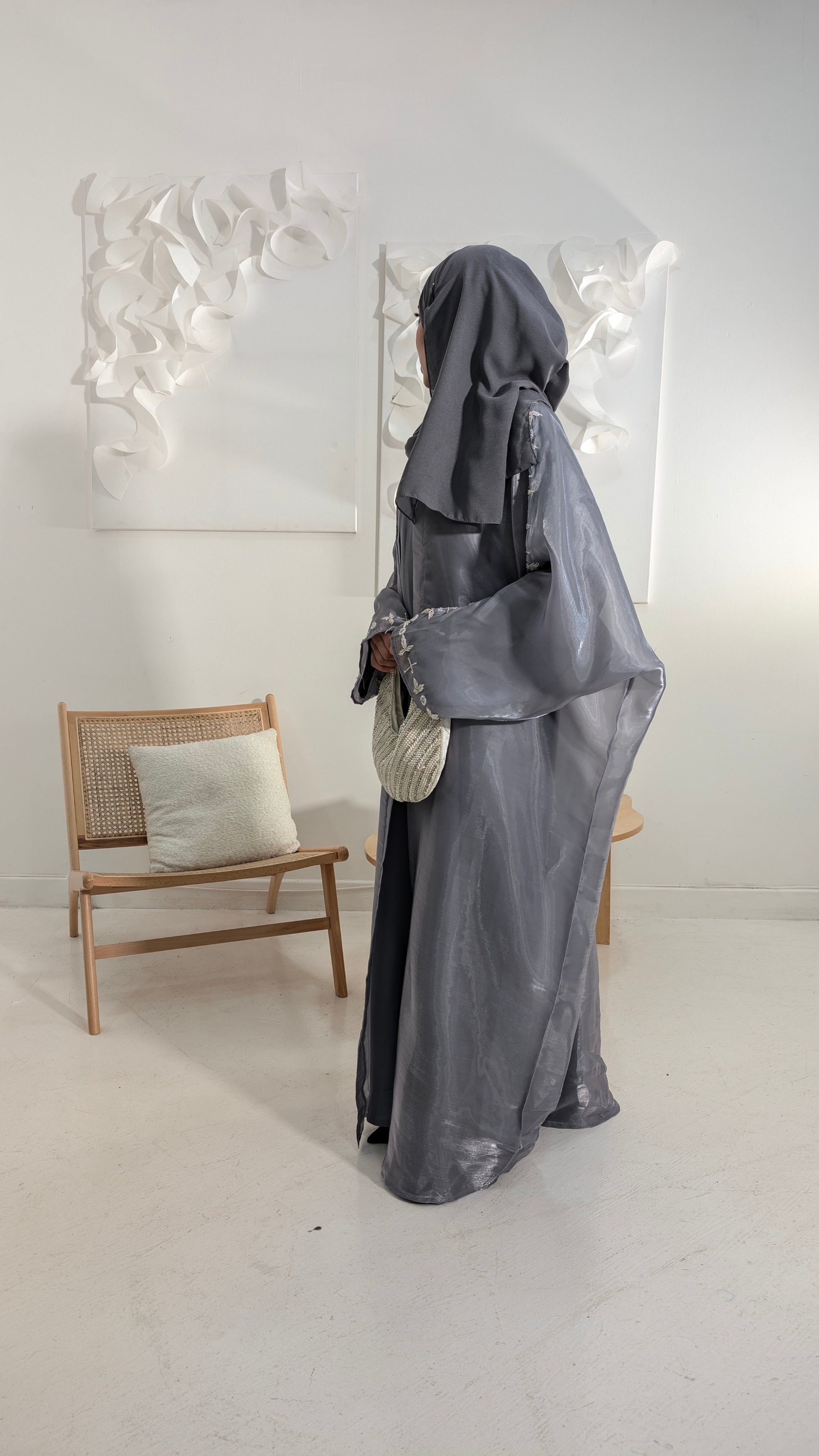 naila dusty blue organza beaded butterfly abaya | left view