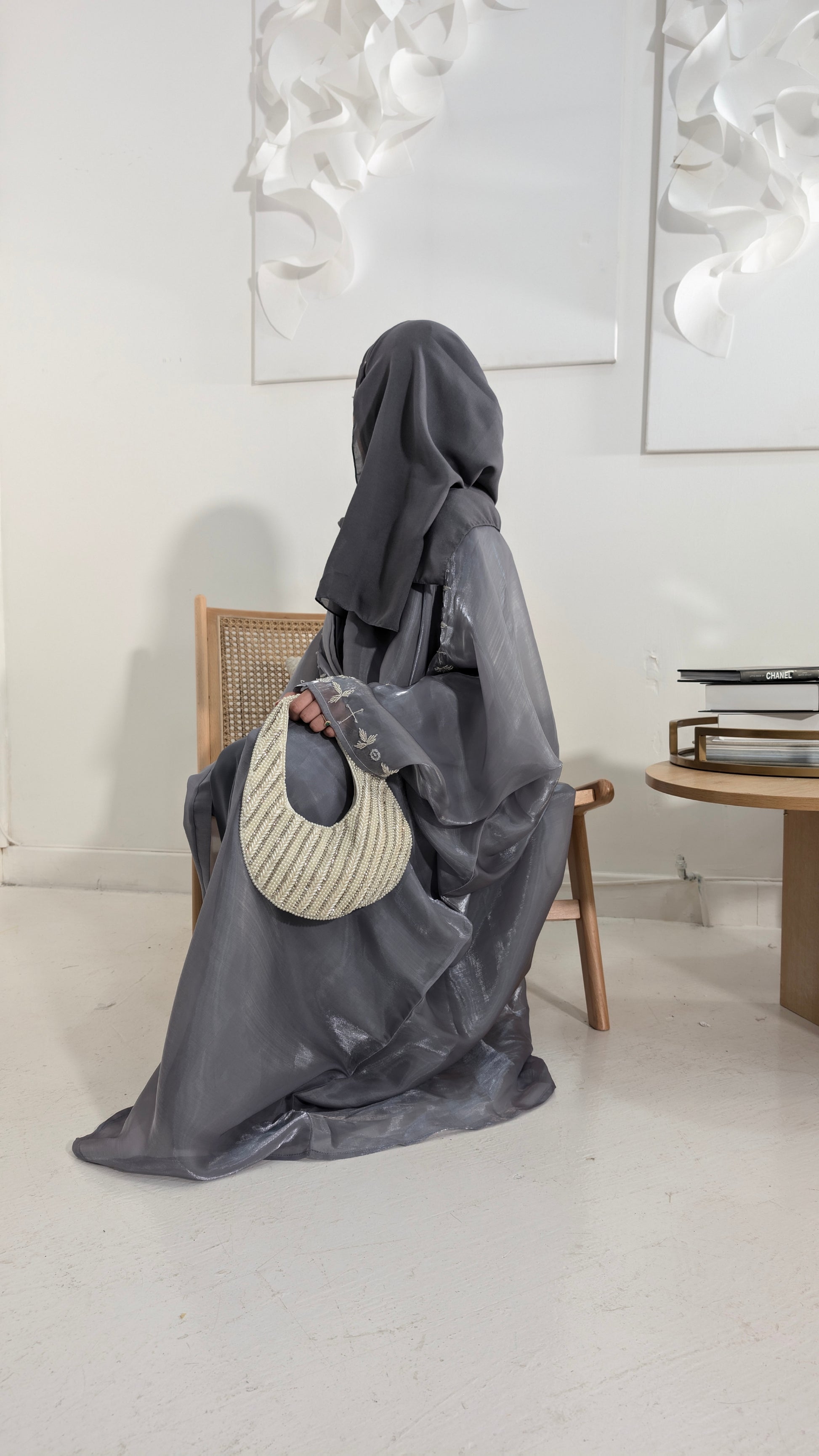 naila dusty blue organza beaded butterfly abaya | side view