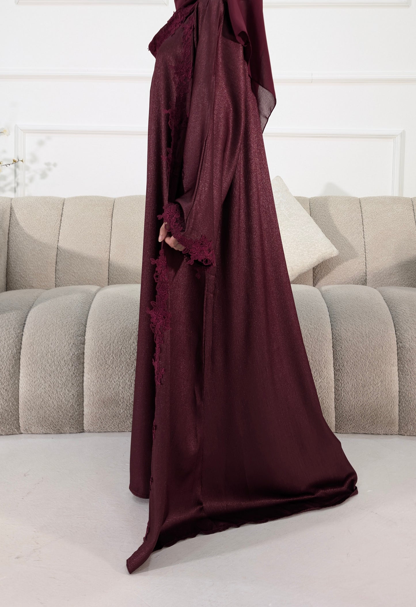Womens Abaya Khadeejah Deep Brugandy Satin Lace Abayas