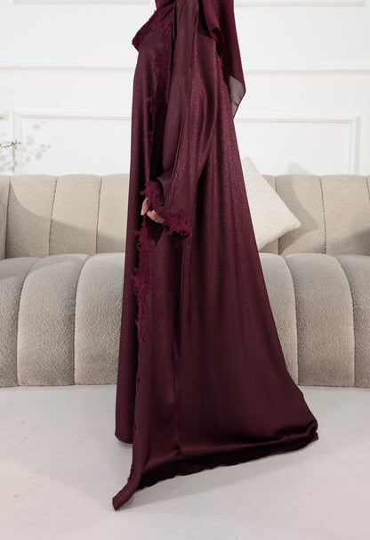 Womens Abaya Khadeejah Deep Brugandy Satin Lace Abayas
