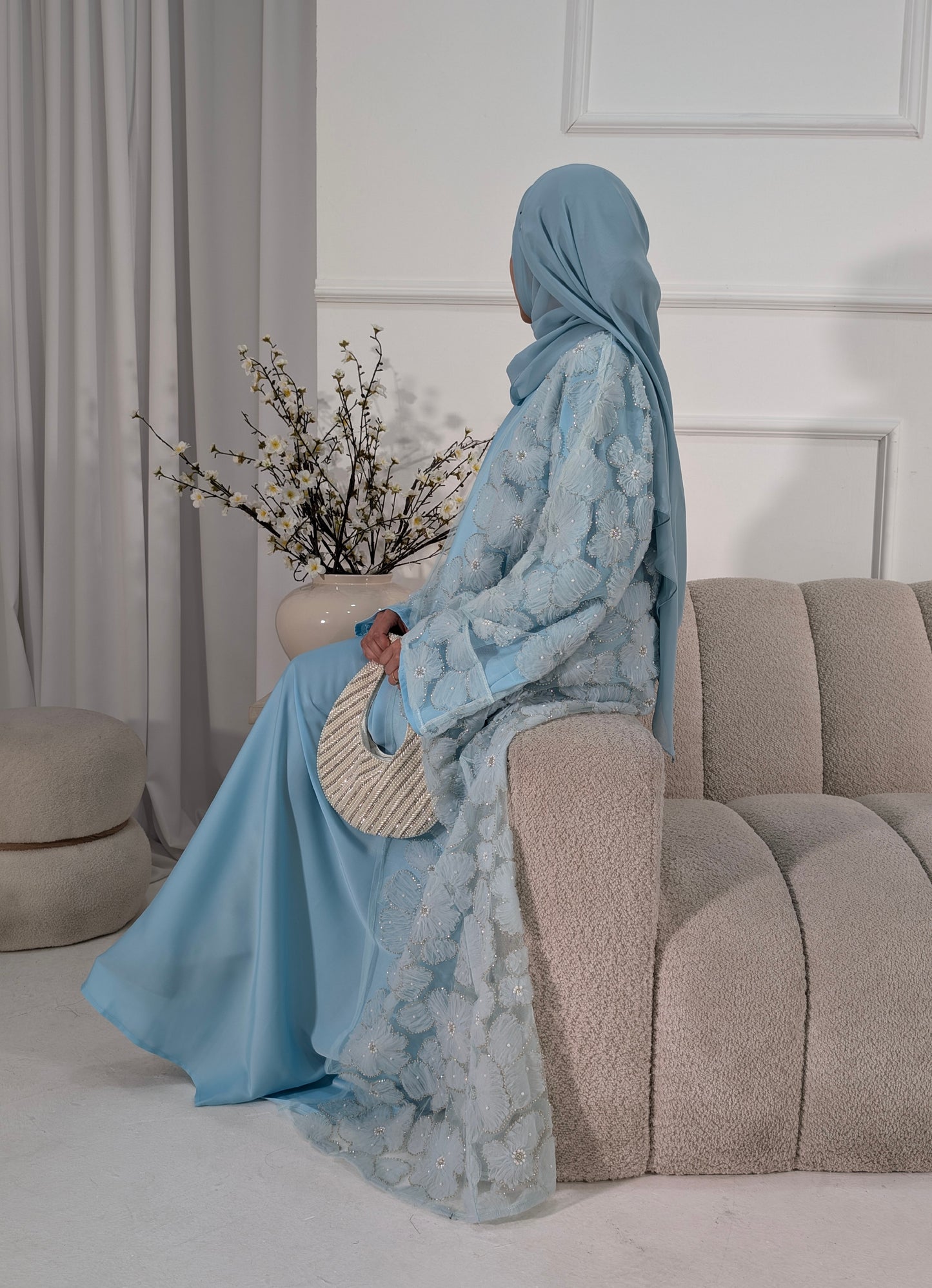 Malika Summer Blue Floral Embellished Abaya
