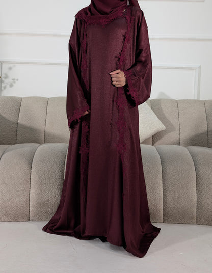 Womens Abaya Khadeejah Deep Brugandy Satin Lace Abayas