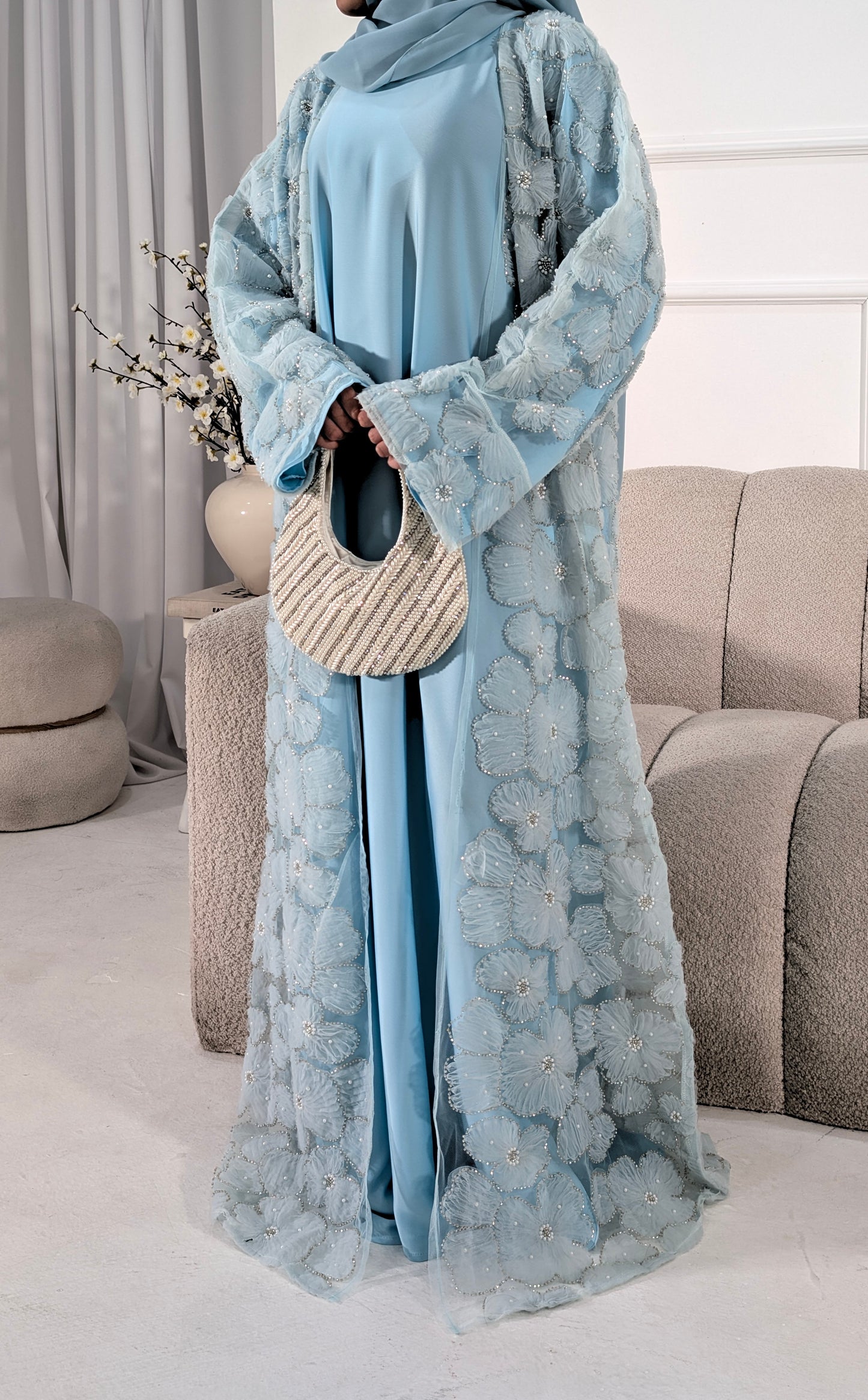 Malika Summer Blue Floral Embellished Abaya
