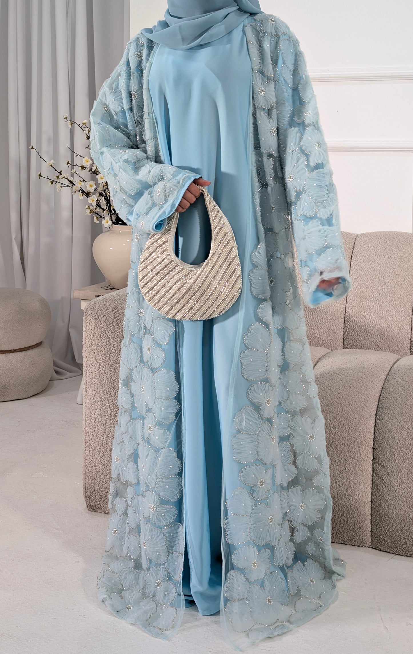 Malika Summer Blue Floral Embellished Abaya