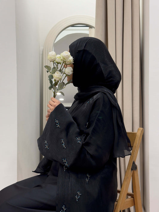 ruha black organza and blue beaded abaya | occasion abayas | side view
