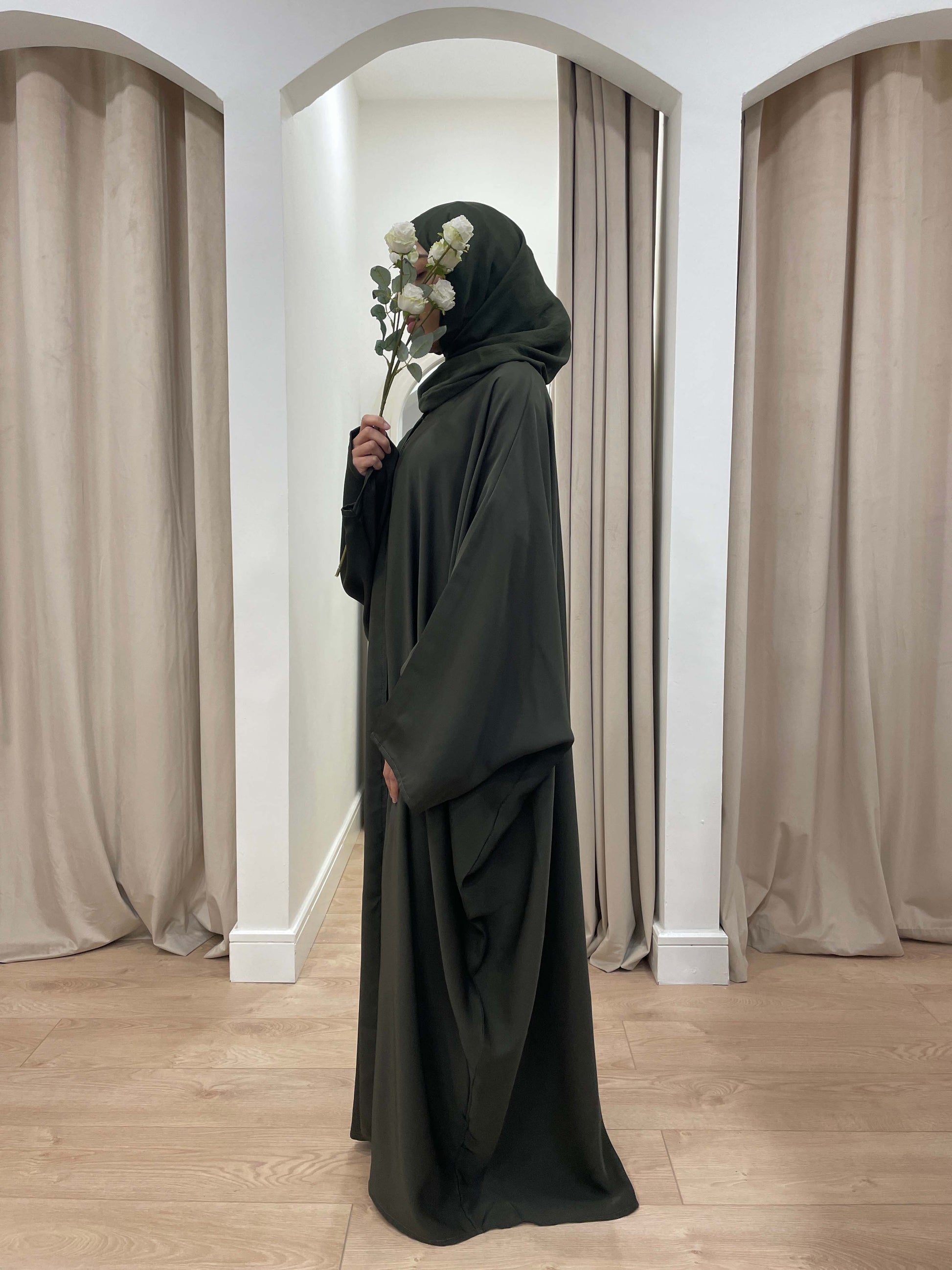 safa premium plain olive butterfly abaya | korean nida abayas | left view 