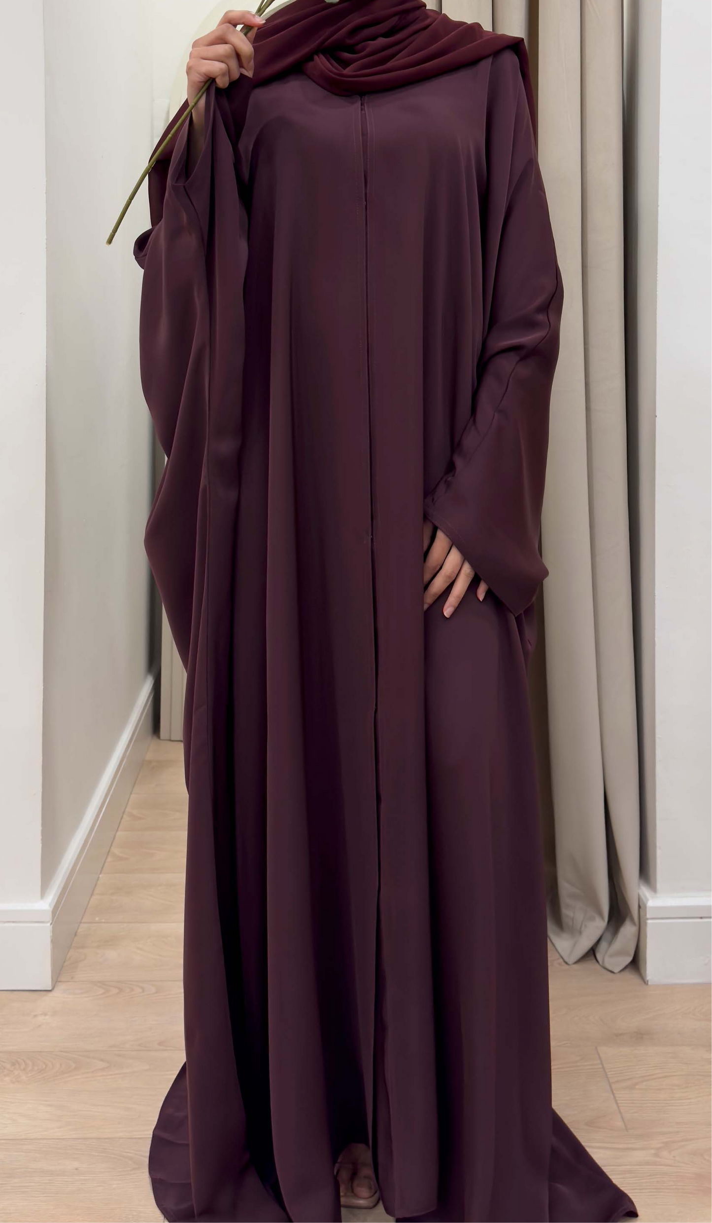 safa premium plain plum butterfly abaya | korean nida abayas | full view
