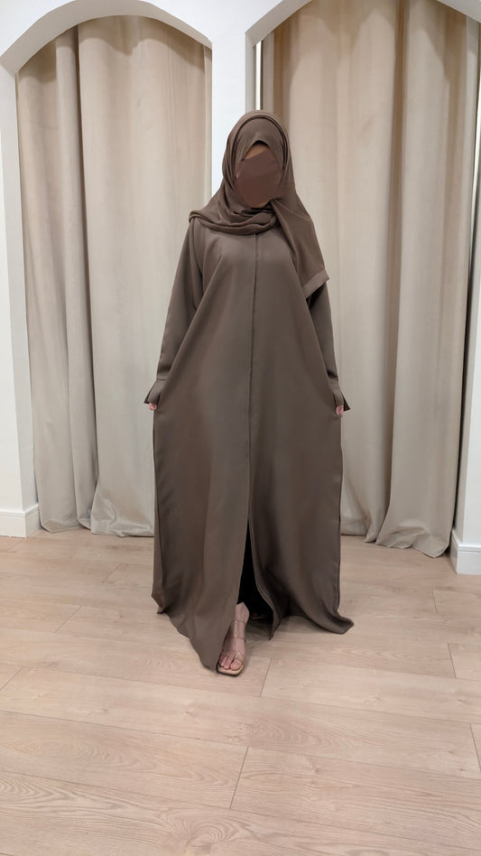 womens abaya yasmine mocha plain straight essential abayas | essential abayas | front view