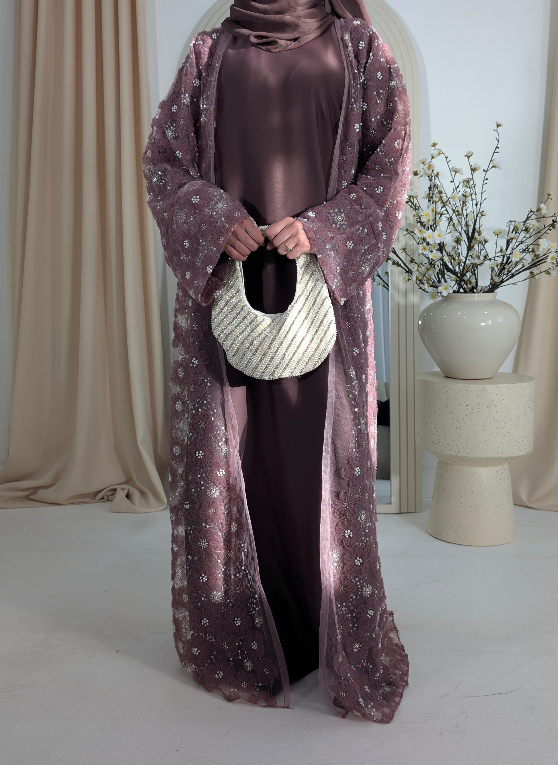 zeina dark mauve floral embellished abaya | zeina abaya | front view