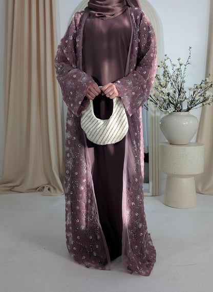 zeina dark mauve floral embellished abaya | zeina abaya | front view
