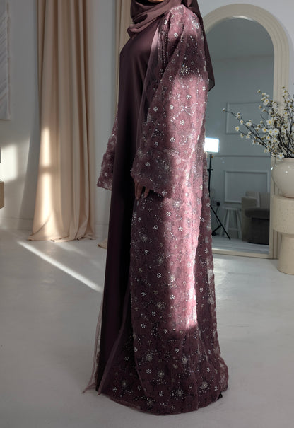 zeina dark mauve floral embellished abaya | zeina abaya | side view