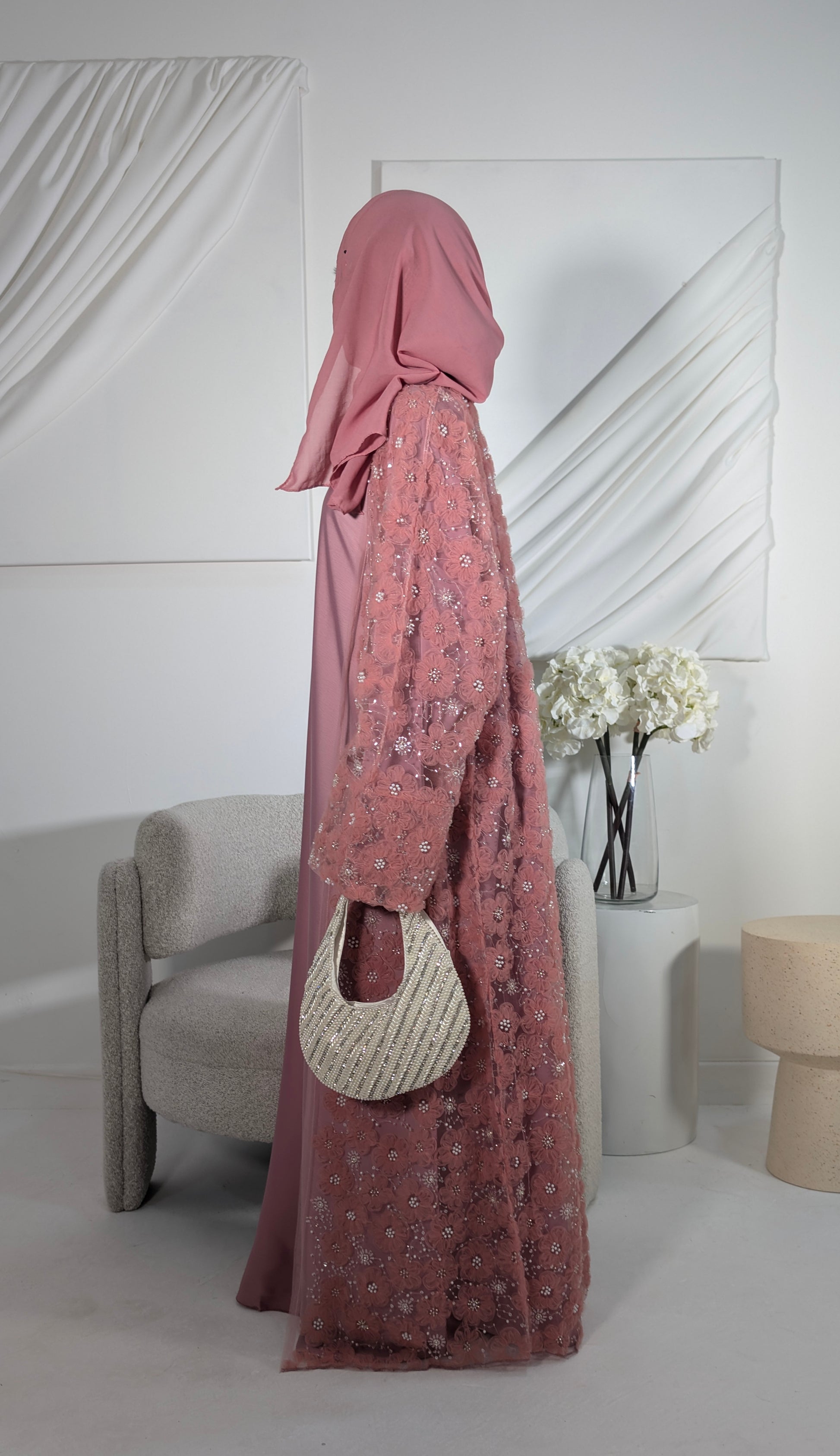 zeina deep rose floral embellished abaya | zeina abaya | side view