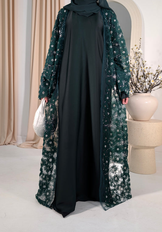 zeina emerald green floral embellished abaya | zeina abaya | front view