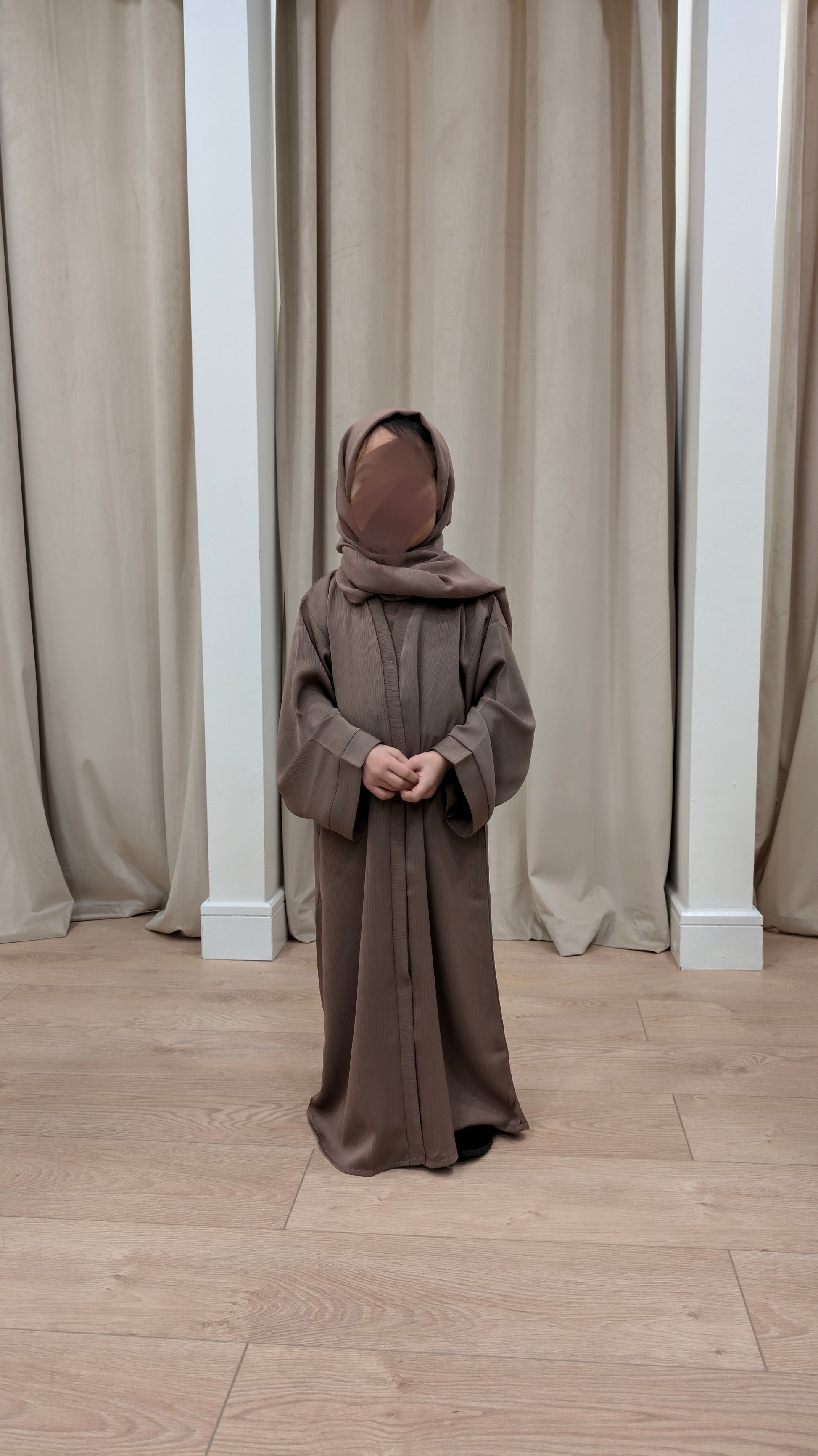 zeina junior girls taupe closed essential abaya | front view